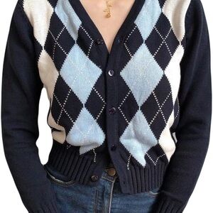 Argyle Patterned Women's Sweater - Blue and White